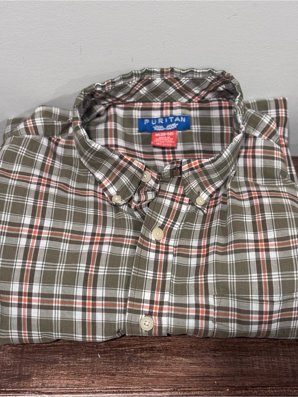 Puritan Olive Plaid Button-Down Shirt with White and Orange Accents